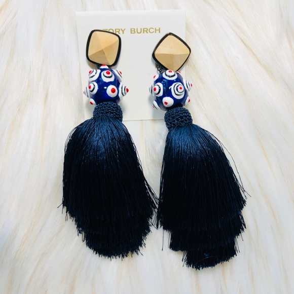NWT  Tory Burch Navy Silk Tassel Clip-On Earrings - Picture 5 of 8